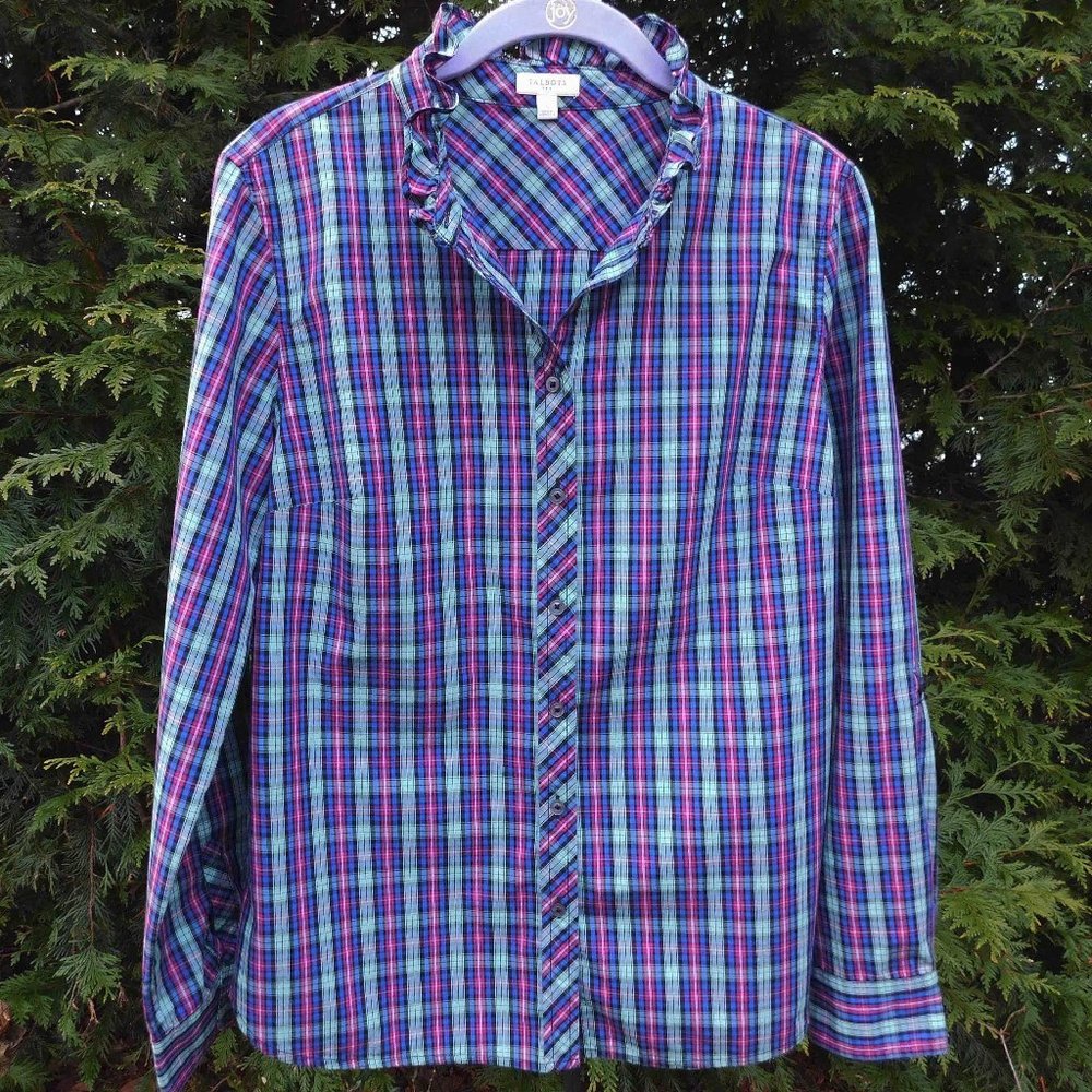 Talbots Plaid Buttondown Top with Ruffled Collar